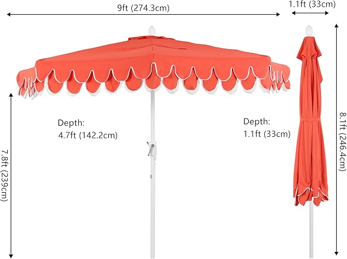 JONATHAN Y Terrace Scalloped 9 ft. Half Round Patio Umbrella with Crank Lift and Tilt, Coastal Semicircle Market Wall Umbrella for Balcony, Coral Red/White, White Pole UMB1202F