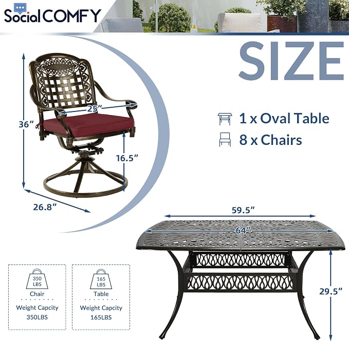SOCIALCOMF 9-Piece Patio Cast Aluminum Dining Set, Outdoor Table and Chairs Set for 8, Includes 64" Large Square Dining Table and 8 Swivel Rocker Chairs with Umbrella Hole for Lawn Garden, Red