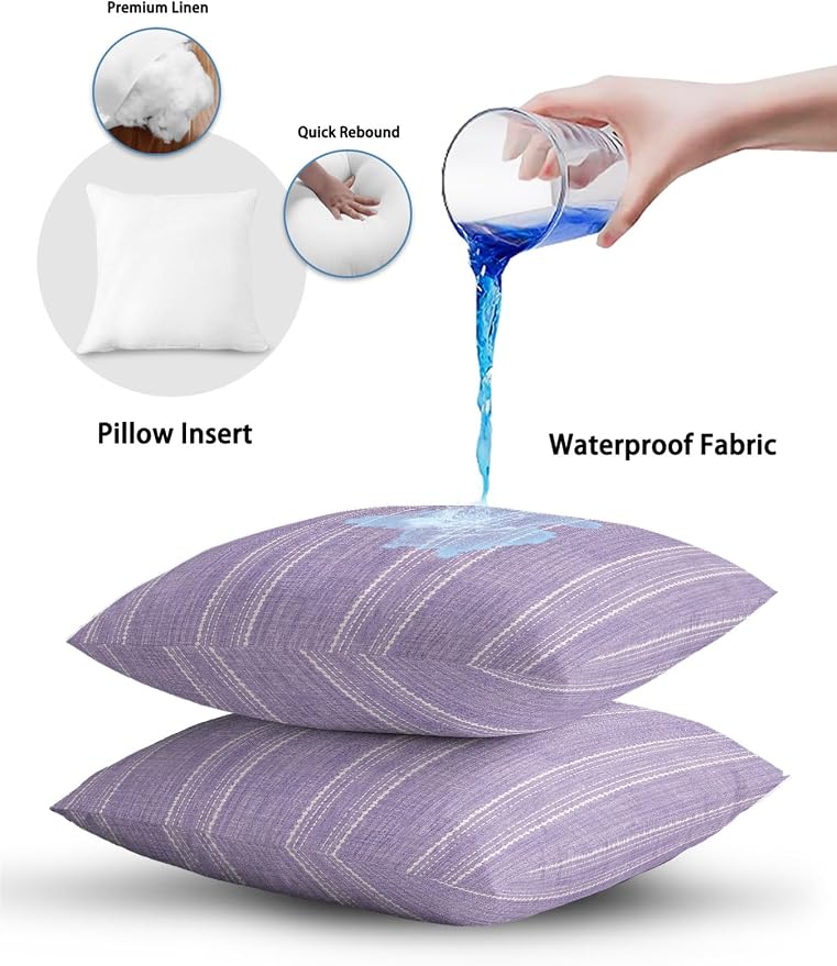 Waterproof Outdoor Pillow 1 Pack Lavender Linen Stripes Decorative Throw Pillows Cover & Insert 20x12 Inch Lumbar Pillowcase Parallel Vertical Lines Pillows for Couch Sofa Bed Patio Furniture