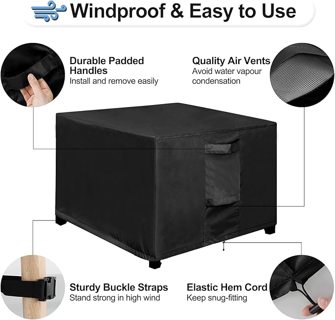 OutdoorLines Outdoor Waterproof Patio Ottoman Covers - Square UV-Proof Patio Side Table Cover Windproof Heavy-Duty Furniture Covering Protector 33L x 33W x 17H Inch, Black