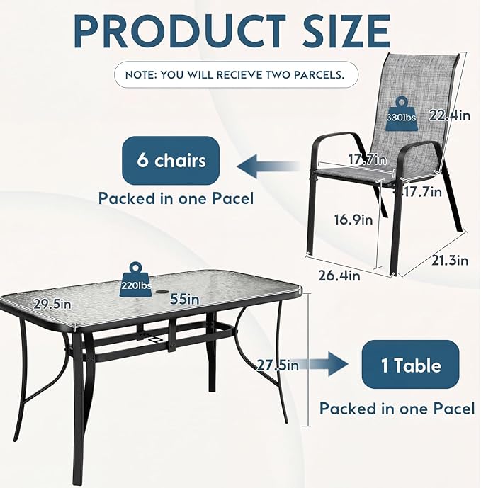 Arlopu 7-Piece Outdoor Table and Chairs for 6, Outdoor Dining Set W/Rectangle Glass Table and 6 Patio Textilene Stackable Chairs, Patio Furniture Set W/Umbrella Hole (Black Table & Grey Chair)