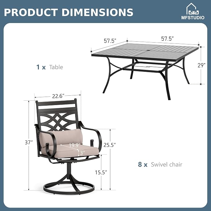 MFSTUDIO 9-Piece Patio Dining Set, 57.5" Square Metal Table, Swivel Chairs | Umbrella Hole, All-Weather Use