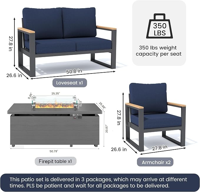 Sundale Outdoor Aluminum Patio Furniture Set, 4 Piece Outdoor Conversation Sets with Fire Pit and 6" Thick Olefin Cushions, All Weather Outdoor Sectional Set for Deck, Lawn, Yard (Navy Blue)
