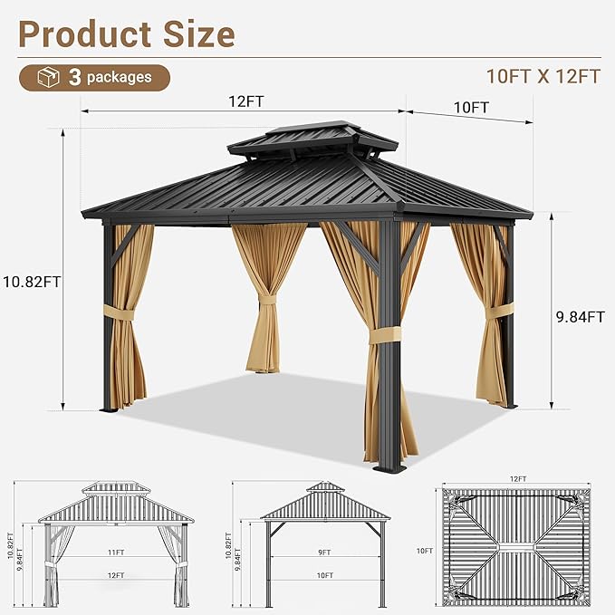 10x12 Gazebo Hardtop, Aluminum Frame Gazebos with Galvanized Steel Double Roof, Mosquito Net & Privacy Curtain,for Patio, Porch, Garden, Lawn, Deck, Backyard