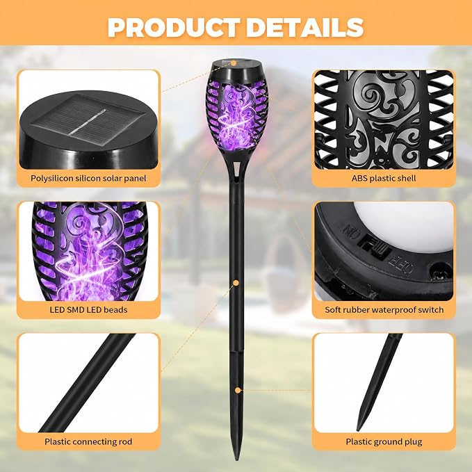 8 Pack Solar Lights Outdoor, Purple Flickering Flame Torches | Purple Flickering Flame, Long Nighttime Glow, Auto-On at Dusk, IP65 Weather-Resistant, Tool-Free Ground Setup