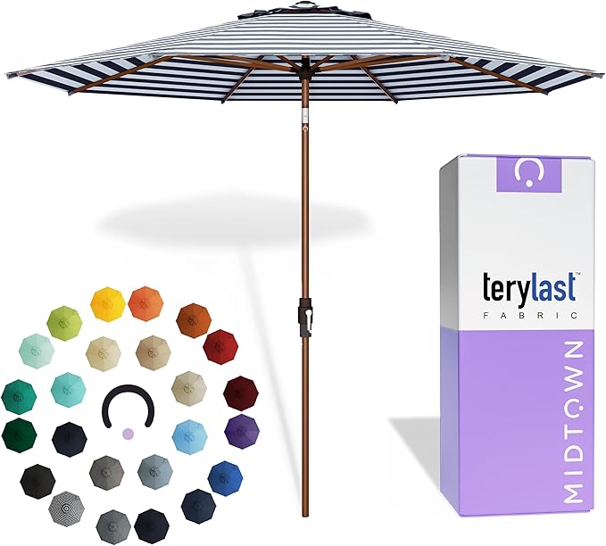 Midtown Umbrellas Wooden 2-8 Ft Patio Umbrella with 360° Swivel & Tilt Mechanism, 8 Fiberglass Ribs & Terylast Polyester Fabric for Deck, Pool, Garden & Porch - Navy Stripes Canopy, Wooden Pole