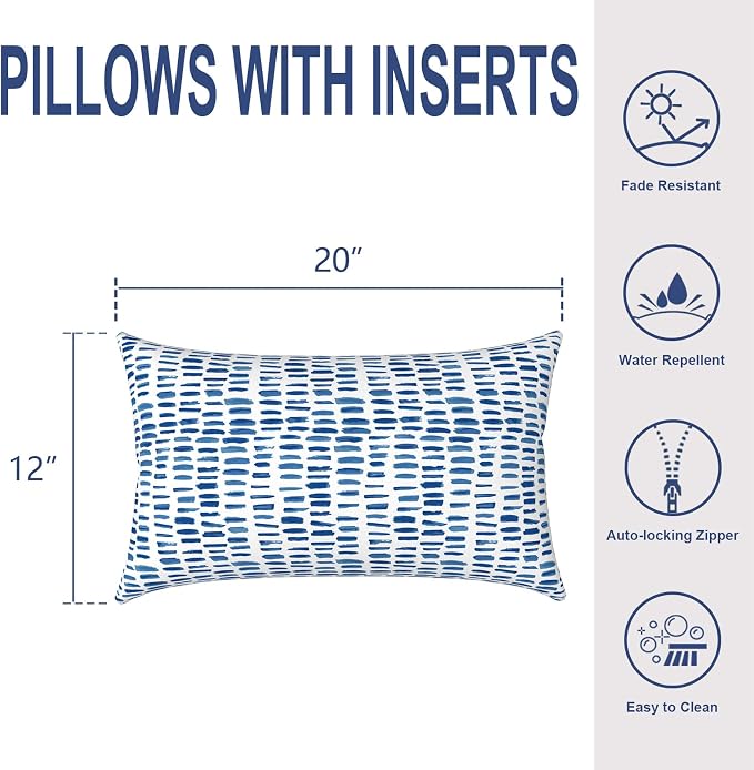 Outdoor Lumbar Pillows, Water Repellent Cushion Pillows 12x20 Inch, Outdoor Pillows with Inserts for Home Garden, Pack of 2, Pebble Blue