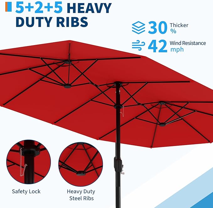 GarveeTech 15FT Double-Sided Rectangular Patio Umbrella with Base – Large Outdoor Market Umbrella for Poolside, Lawn & Backyard, Oversized Shade for 4-6 Person Tables