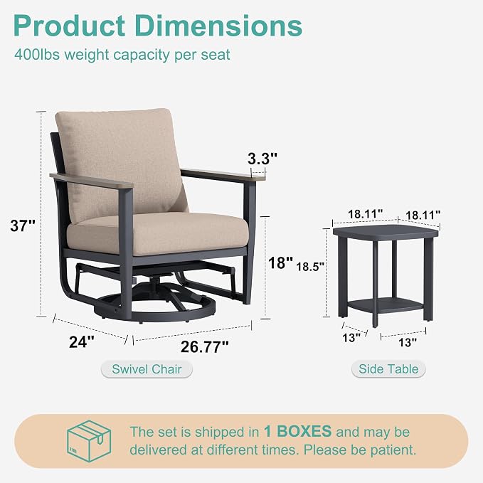 Aluminum Patio Swivel Rocking Chair Outdoor Bistro Set, 3PCS Patio Conversation Set Outdoor Patio Furniture Set with High Backrest & Thickened Cushions for Garden, Deck and Balcony, Sand