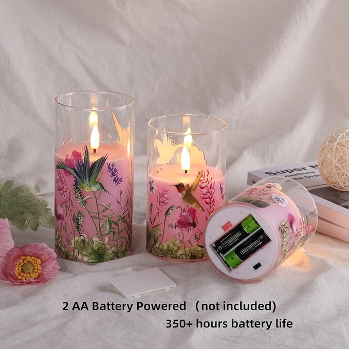 Eywamage Pink Hummingbird Floral Glass Flameless Candles with Remote, Flickering Battery LED Pillar Candles Set of 3, Spring Home Decor