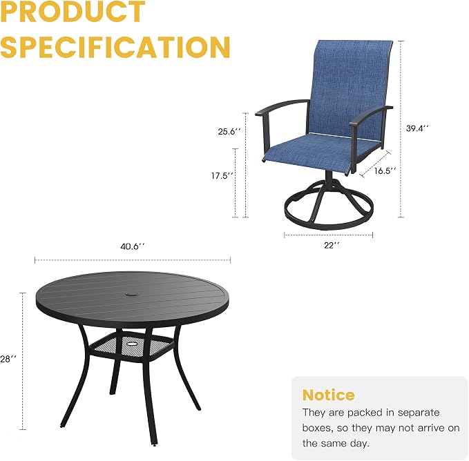 VICLLAX 5 Pieces Patio Dining Set, Outdoor Dining Set for 4-40.6" Round Outdoor Table and Swivel Patio Chair Set for Deck, Lawn and Garden, Black Table and Blue Chairs