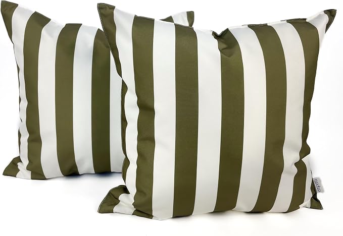 Pack of 2 Outdoor 20''x20'' Waterproof Striped Throw Pillow Covers Decorative Square Cushion Patio Pillows for Patio Furniture (Martini Olive)