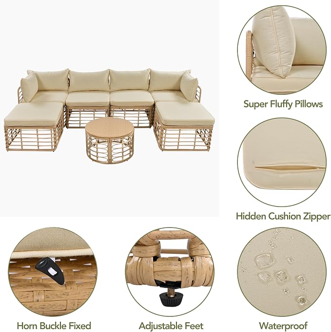 7 Pieces Outdoor Patio Furniture, All-Weather Rattan Sectional Sofa Set with Thick Cushions and Pillows, Freely Combined Conversation Sets for Garden, Backyard, Balcony (Brown#33)