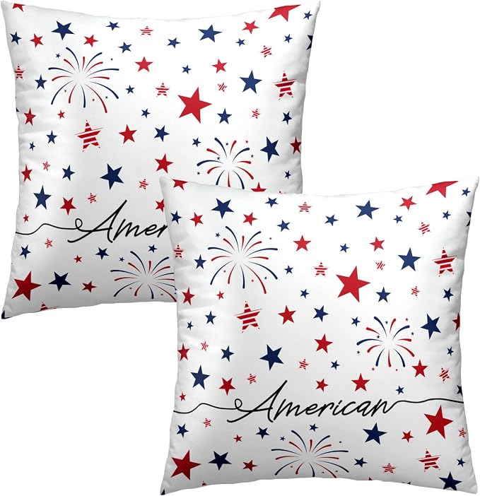 4th of July Pillow Covers 16x16 Inch Set of 2 Patriotic Red White Blue Summer Outdoor Throw Pillow Covers,Independence Memorial Day USA Flag Cushion Case for Sofa Couch Decor