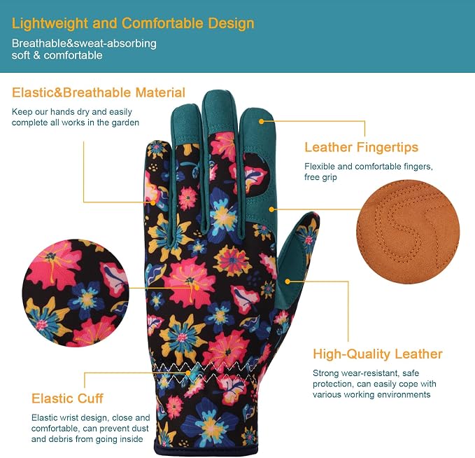 Bamllum Gardening Gloves for Women, Leather Garden Gloves | Breathable Garden Gloves with a Padded Palm, Flexible Fit and Elastic Wrist for Weeding, Digging, Planting and Pruning