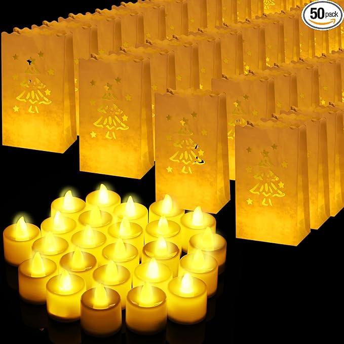 Sabary 50 Sets Luminary Bags with Flameless Tea Lights Outdoor Luminaries LED Lantern Candle Bags for Wedding Birthday Ramadan Christmas Party Decorations Romantic Decor(Xmas Tree)