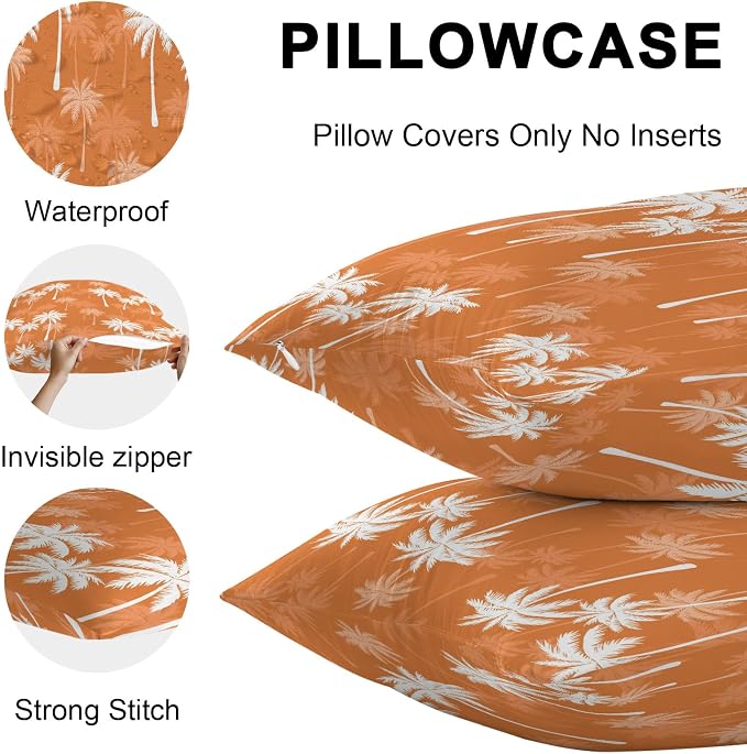 Throw Pillow Covers 24x24 Inch Set of 2, Tropical Palm Tree Waterproof Outdoor Pillow Covers, Orange White Plants Coastal Leaf Beach Decorative Cushion Pillowcases for Couch, Sofa, Bed, Garden, Patio