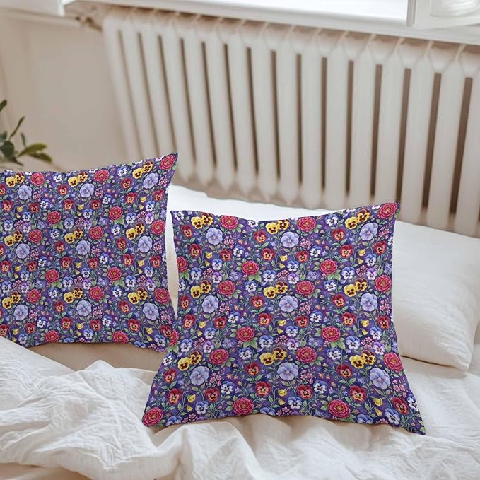 Pansies Roses Outdoor Pillow Covers 24"x24" Set of 2, Garden Flowers Floral Botanical Purple Waterproof Throw Pillow Covers for Patio Furniture, Decorative Cushion Covers for Porch