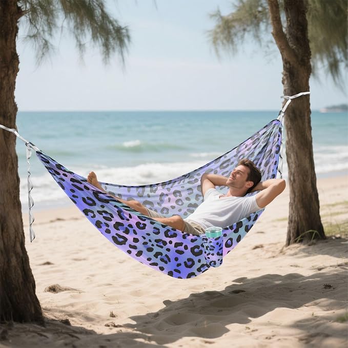 Camping Hammock Outdoor Hammocks for Outside Blue Laser Leopard Cheetah Beach Trees Portable Lightweight with Pockets Tree Straps Indoor