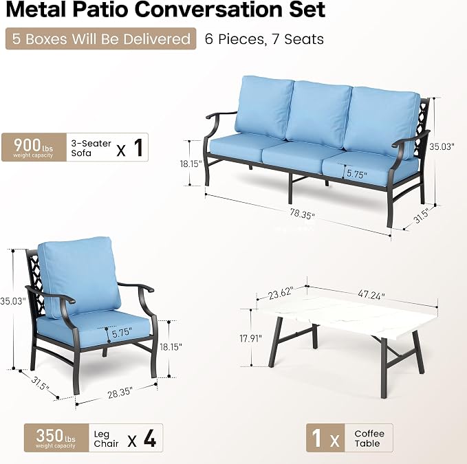 SUNSHINE VALLEY 6 Piece Metal Outdoor Patio Furniture Set, Patio Conversation Sets 1 3-Seater Sofa, 4 Fixed Chairs with 5.75" Thick Cushion and Coffee Table, Backyard Furniture Set for Deck, Blue