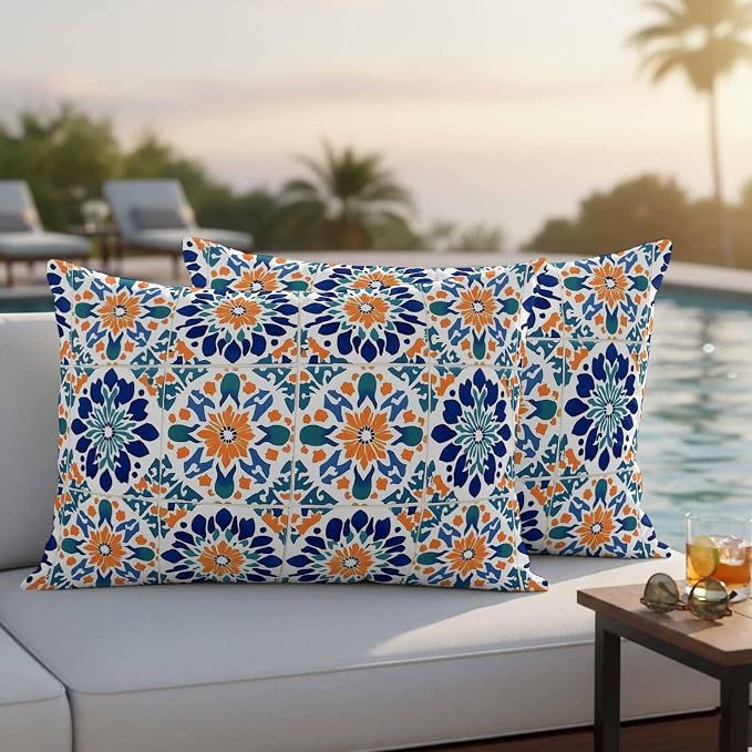 Retro Abstract Geometric Outdoor Pillow Covers Set of 2 Orange Blue Floral Texture Waterproof Throw Pillow Cover Decorative Cushion Cases for Patio Porch Garden 20X12 Inch