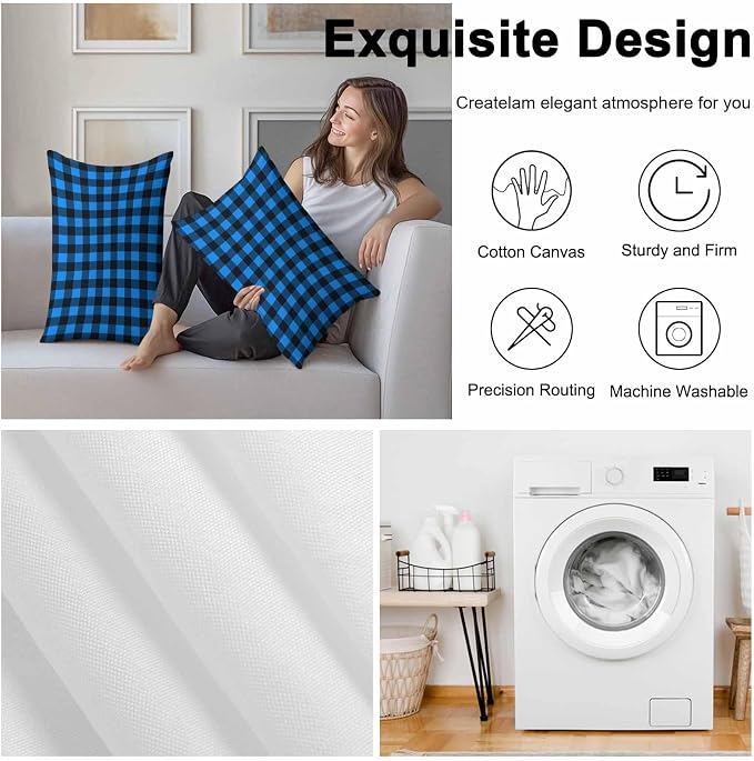 Outdoor Waterproof Throw Pillow Covers Set of 2 Buffalo Plaid Lumbar Pillowcases 20x12 Inches Pastoral Blue Black Checked Decorative Pillows Cushion Case Patio Pillows for Couch Bed Chair Garden