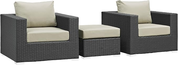 Modway Sojourn Wicker Rattan 3 Piece Outdoor Patio Sunbrella Sectional Set in Canvas Antique Beige