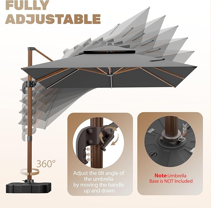 10x13FT Cantilever Outdoor Patio Umbrellas with Base, Double Top Wood Pattern Rectangle Umbrella, Heavy Duty 360°Rotation Offset Umbrella for Garden Deck Pool Patio, Grey