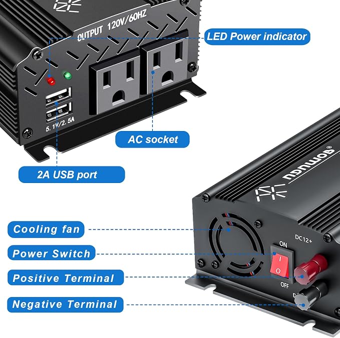 12V Inverter 750W Inverter 12V to 110V or Cars Trucks semi Trucks Various Vehicles with 2 AC Power outlets 2USB Ports
