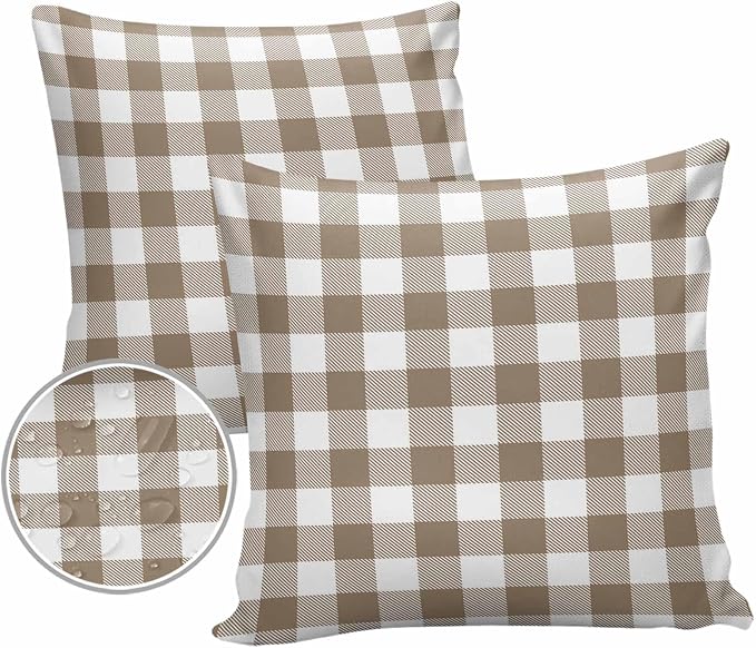 Outdoor Waterproof Throw Pillow Covers Set of 2 Light Brown Buffalo Check Plaid Pillowcases 20x20 Inches Farmhouse Style Patio Decorative Pillows Cushion Case Patio Pillows for Couch Bed Chair Garden