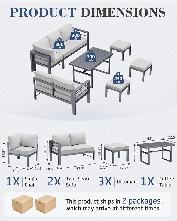 AECOJOY Aluminum Patio Furniture Set, 8 Seats Modern Outdoor Furniture with Adjustable Table, 7 Pieces Metal Conversation Sectional Sofa, Light Gray