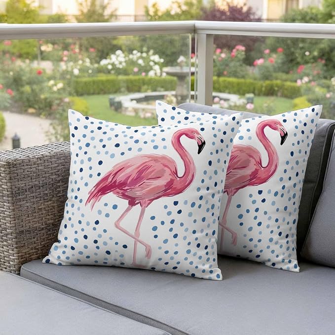Flamingo Outdoor Waterproof Throw Pillow Covers 24 x 24 Inches Set of 2 Art Flamingo Blue Polka Dots Summer Tropical Decorative Cushion Cover Pillowcase for Garden Patio Tent Beach Sofa Couch