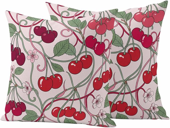 Red Cherry Outdoor Pillow Covers 18"x18" Set of 2, Vintage Red Cherry Pink Floral Vines Pink Waterproof Throw Pillow Covers for Patio Furniture, Decorative Cushion Covers for Porch
