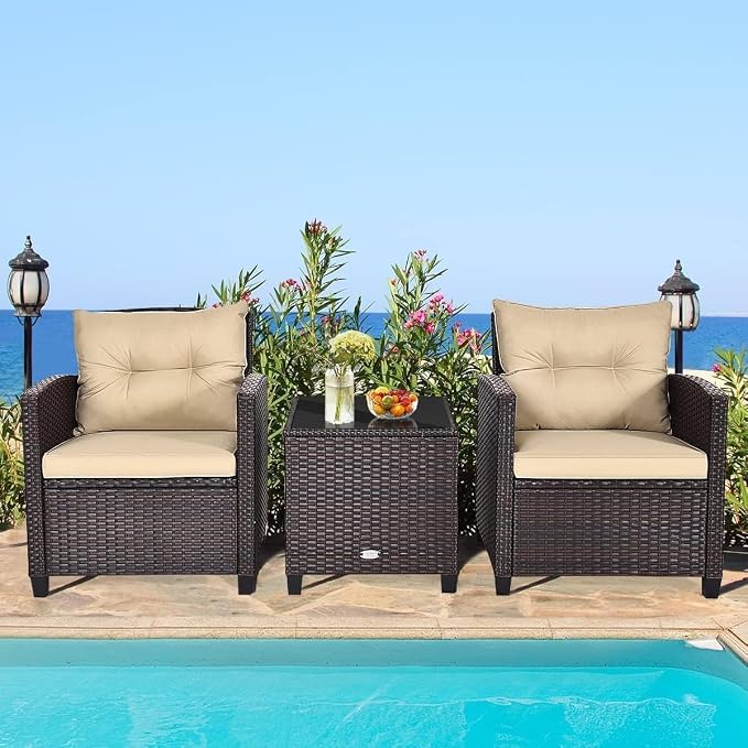HOMGX 3 Pieces PE Rattan Wicker Patio Sofa Chairs, Outdoor Furniture Conversation Sets with Washable Cushion & Glass Table, Rattan Sofa Set for Balcony, Porch, Yard, Backyard, Lawn, (Mix Brown)