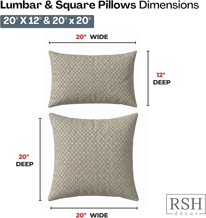 RSH DECOR: Sunbrella Lumbar & Square Pillows Set of 4 | 20" x 12" & 20" x 20" | Water and Fade-Resistant Performance Fabric | Outdoor Throw Pillows for Patio Furniture | Made in USA (Molina Mushroom)