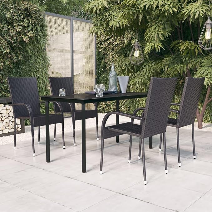 5 Piece Patio Dining Set Black Outdoor Rattan Table and Chairs with Glass Top for Backyard Garden Poolside