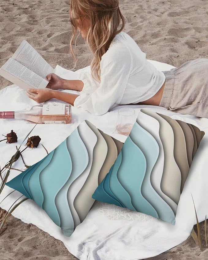 Ombre Abstract Geometry Gradient Teal to Brown Outdoor Waterproof Throw Pillow Covers 20 x 12 Inch Set of 2, Pillowcases Decorative Square Cushion Cases for Patio Furniture Couch Porch Garden