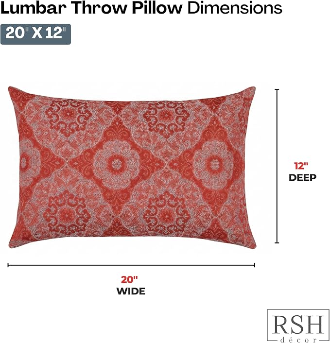 RSH DECOR: Designer Select Outdura Lumbar Throw Pillows Set of 4 | 20" x 12" | Water and Fade-Resistant Performance Fabric | Indoor Outdoor Accent Pillows | Made in USA (Ayorline Flamin)