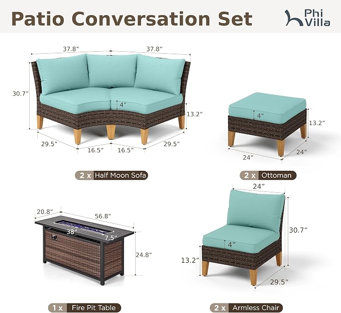 PHI VILLA 7-Piece Half Moon Patio Furniture Set with 56" Fire Pit Table, Outdoor Wicker Sectional Sofa with Cushions, Large Curved Conversation Seating for Garden or Backyard, Aqua Blue