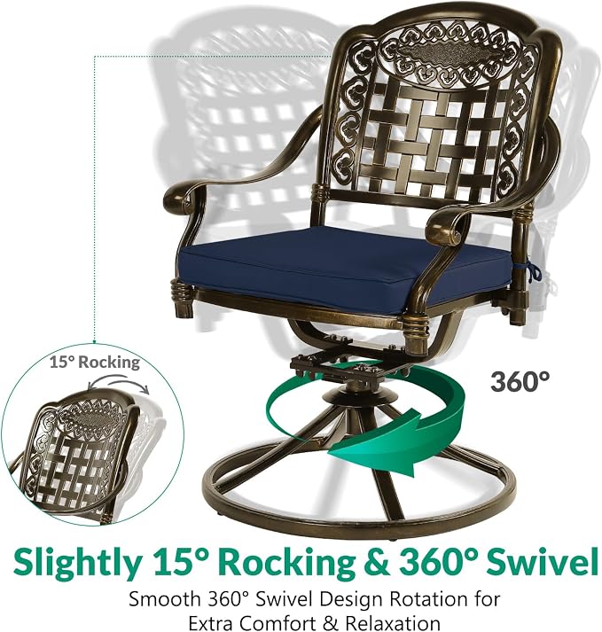 VIVIJASON 3-Piece Patio Bistro Set, Outdoor All-Weather Cast Aluminum Furniture Dining Set, Include 2 Swivel Chairs and 34.5" Round Table w/Umbrella Hole for Balcony, Lawn, Garden (Navy Blue Cushion)