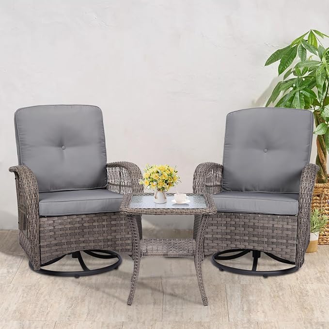 VIVIJASON 3-Piece Outdoor Conversation Bistro Set, Patio Swivel Glider Rocking Chairs Rattan Furniture Sets w/ 2 Rattan Chairs, Glass Top Side Table for Porch Backyard, Gray Wicker & Gray Cushions