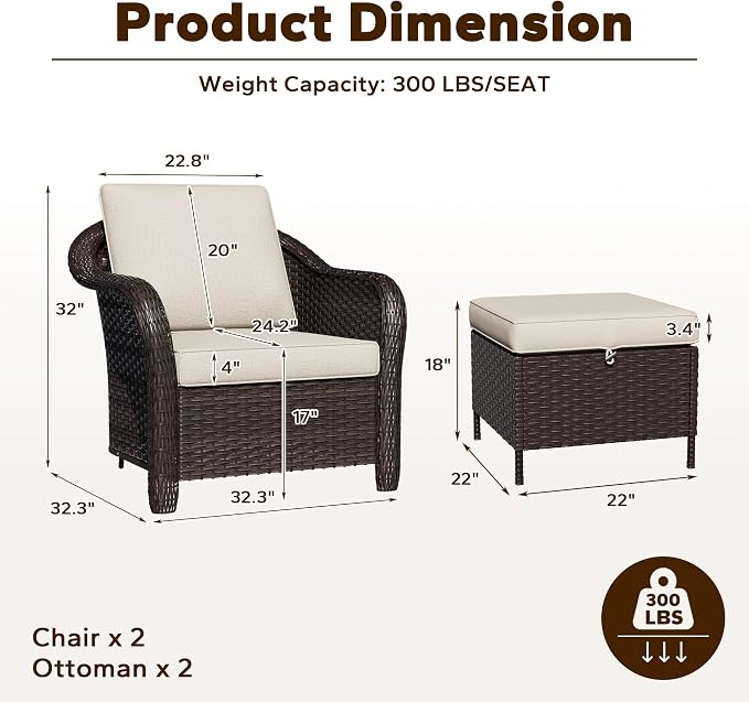 4 Piece Patio Wicker Conversation Set, 2 All-Weather Use Outdoor Wicker Chairs with 2 PE Rattan Ottomans,Ideal for Porch, Backyard, Balcony, Poolside, Beige