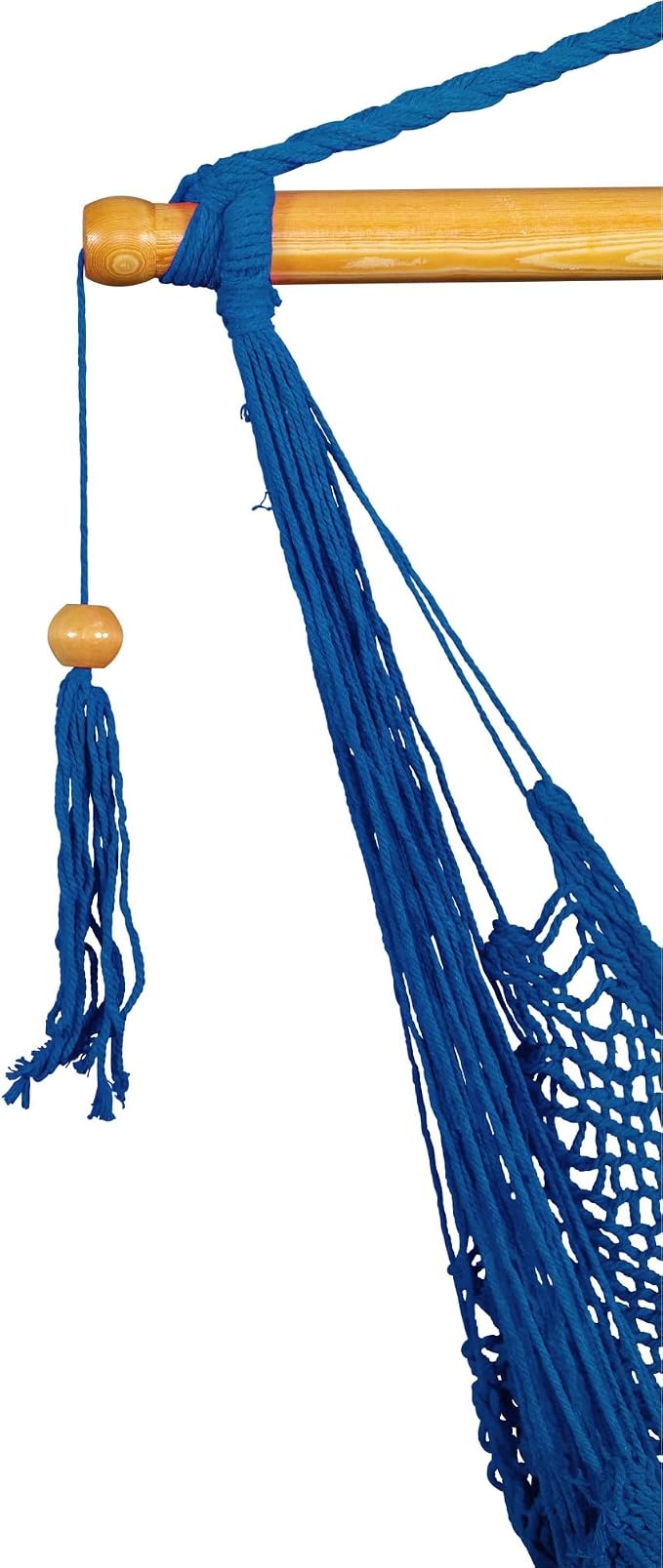 Bliss Hammocks BHC-412BLU Island Rope Hammock Chair, Eco Friendly & Hand-Woven Cotton, Varnish Coated 40 Inch Wood Spreader, Easy to Hang w/Included Hanging Kit, Supports up to 265LBS, Blue Rope