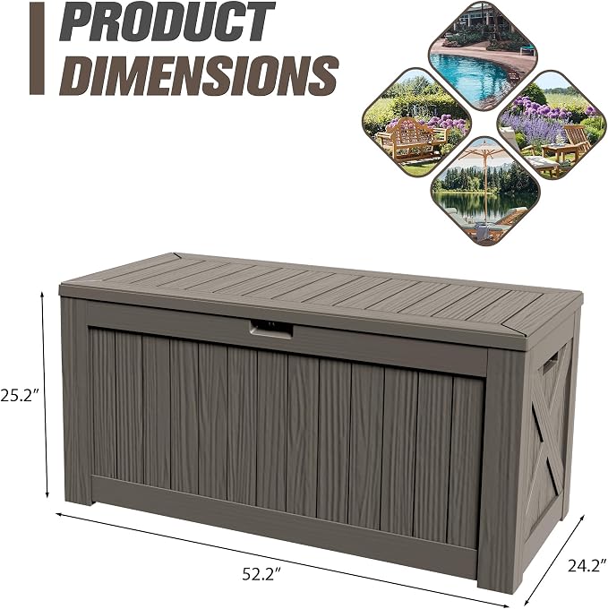 JUMMICO 120 Gallon Resin Deck Box, Large Outdoor Storage Box Waterproof & Lockable for Garden, Patio, Pools (Deep Brown)