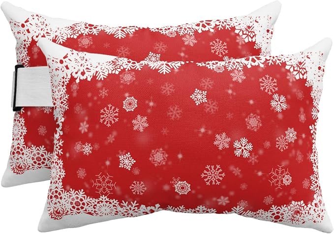 Outdoor Pillows Covers with Inserts Christmas Dreamlike Winter Snowflake Red Waterproof Pillow with Adjustable Strap Throw Pillows for Patio Furniture Recliner Lounge Chair, 11x16 inch, 2PCS