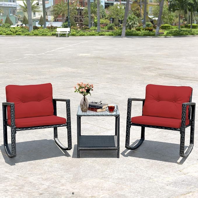 Tangkula 3 Pieces Patio Wicker Rocking Bistro Set, Outdoor Rocking Chair Furniture Set w/Cushioned Seat, Conversation Set w/Glass Coffee Table and Storage Shelf (Red)