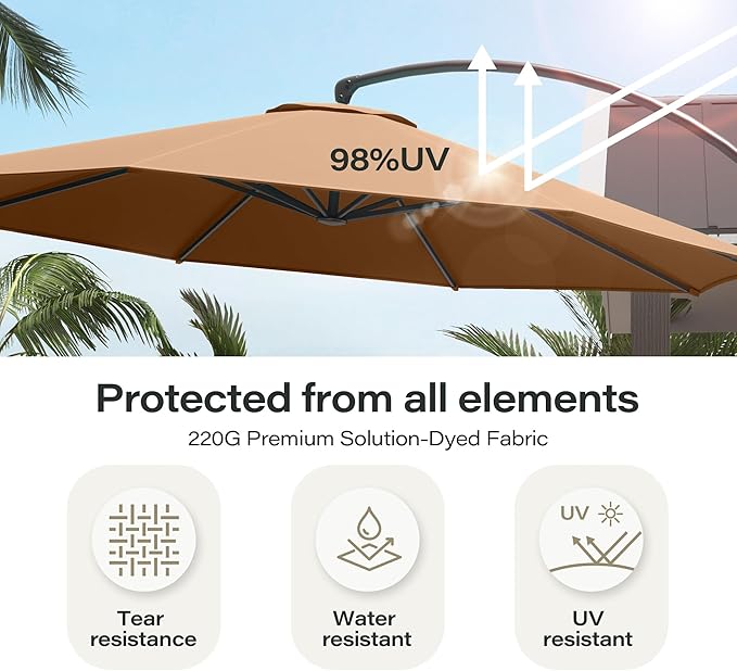 EO Living Outdoor Patio Umbrella with Base included, 12 FT Deluxe Curvy Cantilever Umbrella Heavy Duty Offset Hanging Umbrella with 360° Rotation for Pool, Garden, Backyard, Deck (Tan)