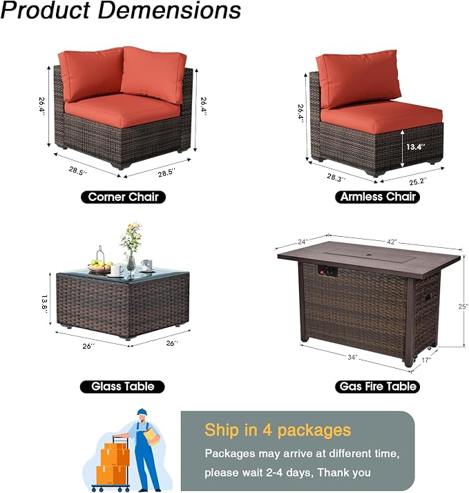 8 Piece Patio Furniture Set with Fire Pit Table All Weather PE Rattan Outdoor Sectional Sofa Couch with No-Slip Cushions and Glass Top Table for Garden, Poolside, Backyard (Red)
