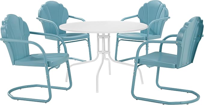 Crosley Furniture Tulip 5-Piece Outdoor Dining Set for 4, Retro Metal Round Patio Table and Chairs for Deck, Pastel Blue Satin