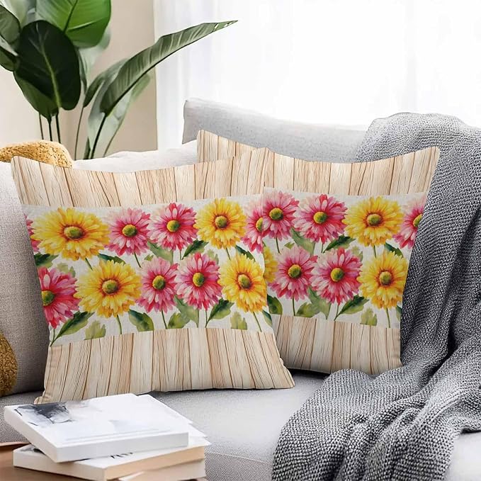 Yellow Pink Daisy Outdoor Pillow Covers 18"x18" Set of 2, Rustic Farmhouse Boho Brown Wood Grain Waterproof Throw Pillow Covers for Patio Furniture, Decorative Cushion Covers for Porch